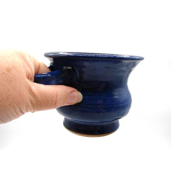 Two Vintage Stoneware Mugs Cups Blue Brown Wide Mouth Reverse Handle Artist Sign - Picture 7 of 14